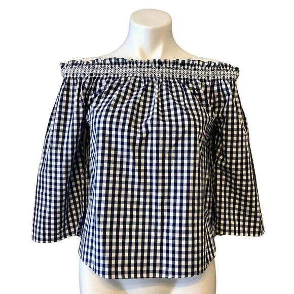 Madewell Tops - Madewell Gingham Blouse XXS Off Shoulder Navy Blue And White Checked Loose Fit